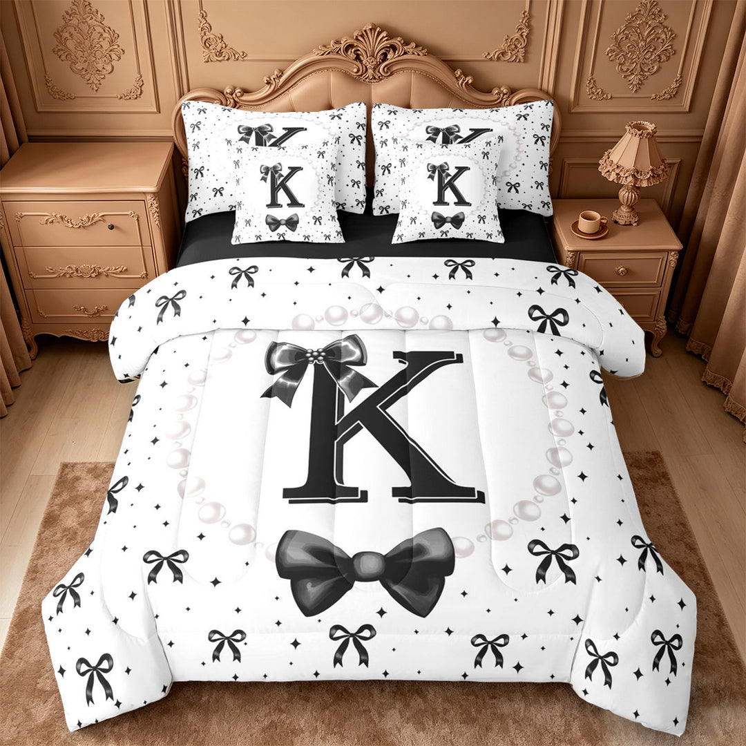 meiyoeat Black Ribbon Bowknot 7 Pieces Full Size Bedding Sets For Girls,Lovely Bowtie Alphabet Print K Full Size Bed in a Bag For Kids,Black Reversible