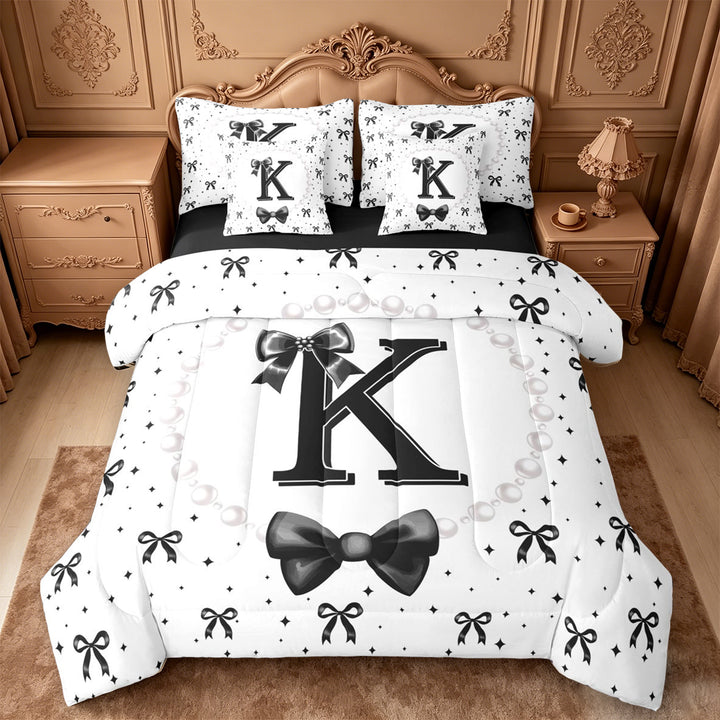 meiyoeat Black Ribbon Bowknot 7 Pieces Full Size Bedding Sets For Girls,Lovely Bowtie Alphabet Print K Full Size Bed in a Bag For Kids,Black Reversible