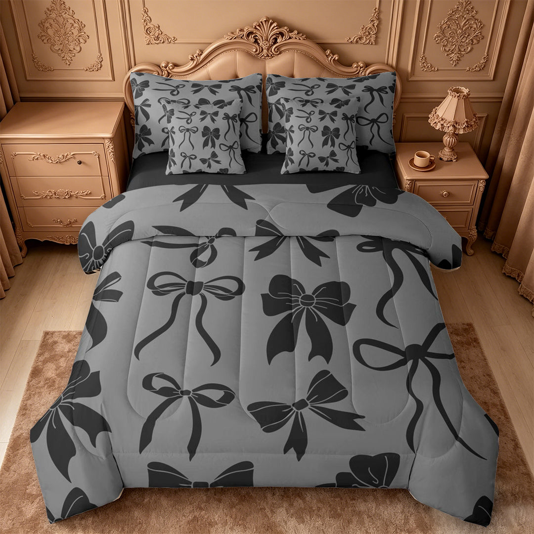 meiyoeat Black Bow 7 Pieces Full Size Bedding Sets For Girls,Cute Coquette Bowknot Full Size Bed in a Bag For Kids,Black Reversible