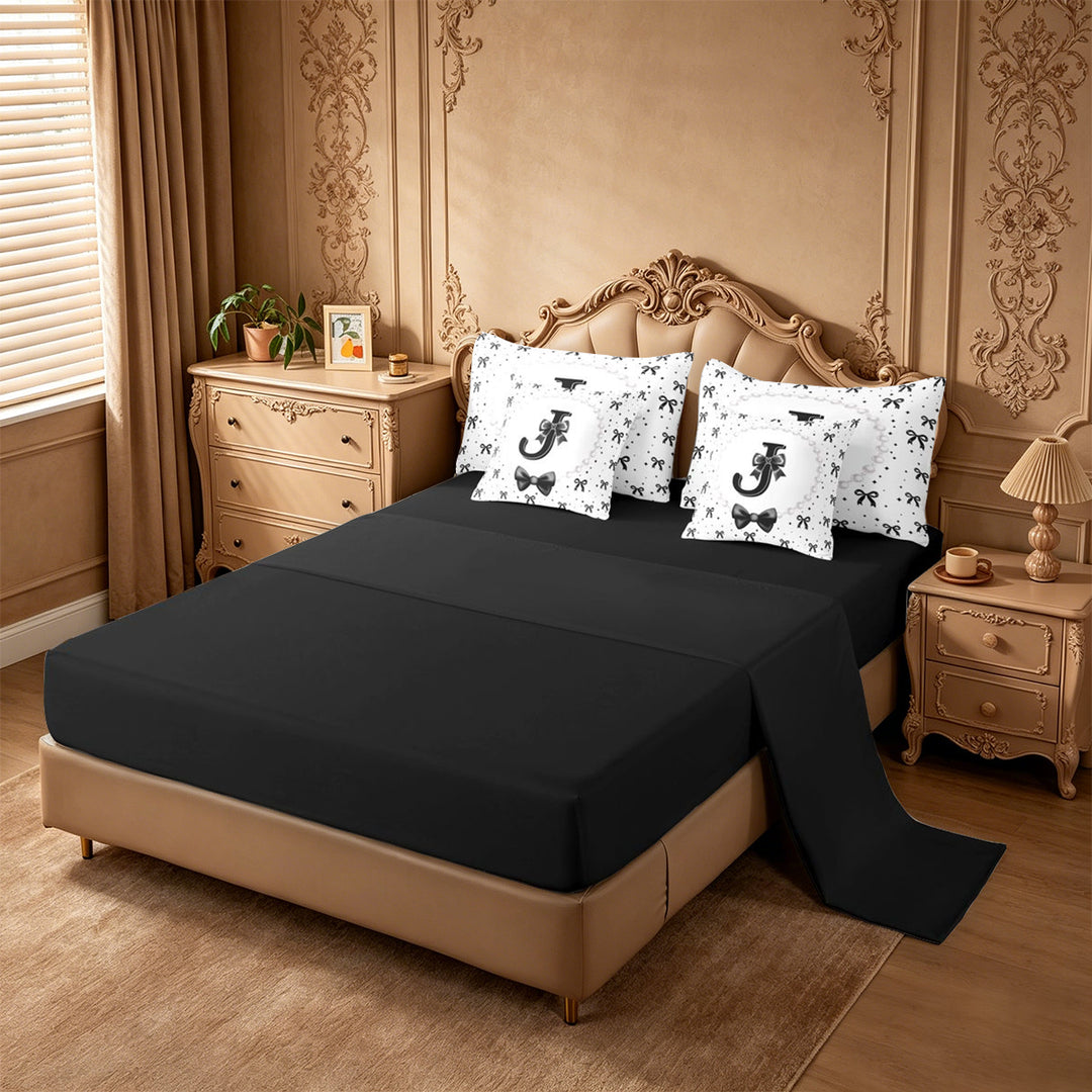 meiyoeat Lovely Bow Tie 7 Pieces Full Size Bedding Sets For Bow Girls,Black Initial Letter J Full Size Bed in a Bag For Kids,Black Reversible