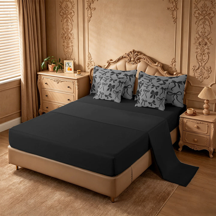 meiyoeat Black Bow 7 Pieces Full Size Bedding Sets For Girls,Cute Coquette Bowknot Full Size Bed in a Bag For Kids,Black Reversible
