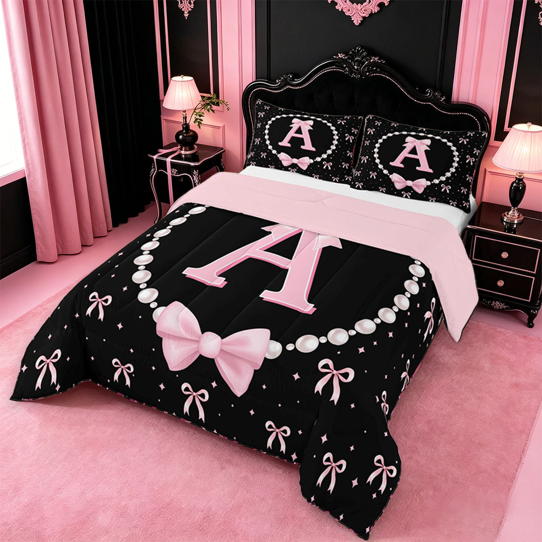 meiyoeat Bowknot Letter Print A Full Size Comforter Sets For Girls,Girly Pink Bow Bedding Comforter Set For Kids,Pink Reversible,3pcs