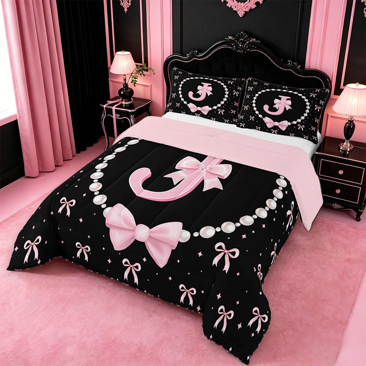 meiyoeat Pink Cute Bow Full Size Comforter Sets For Girls,Kawaii Bowknot Monogrammed J Bedding Comforter Set For Kids,Pink Reversible,3pcs