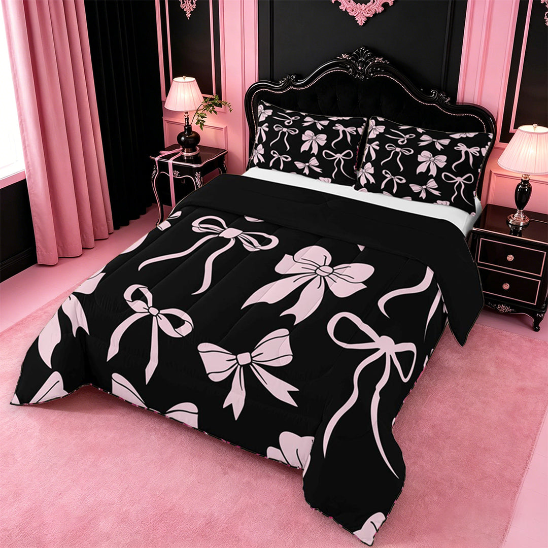 meiyoeat Pink Ribbon Bow Full Size Comforter Sets For Kids,Cute Minimalist Bow Bedding Comforter Set For Girls,Black Reversible,3pcs