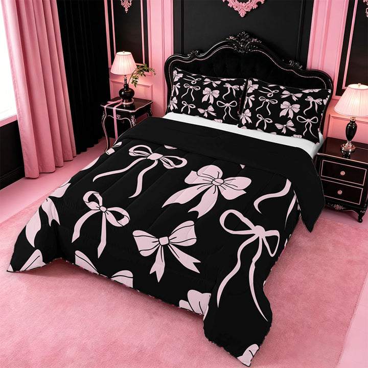meiyoeat Pink Ribbon Bow Full Size Comforter Sets For Kids,Cute Minimalist Bow Bedding Comforter Set For Girls,Black Reversible,3pcs