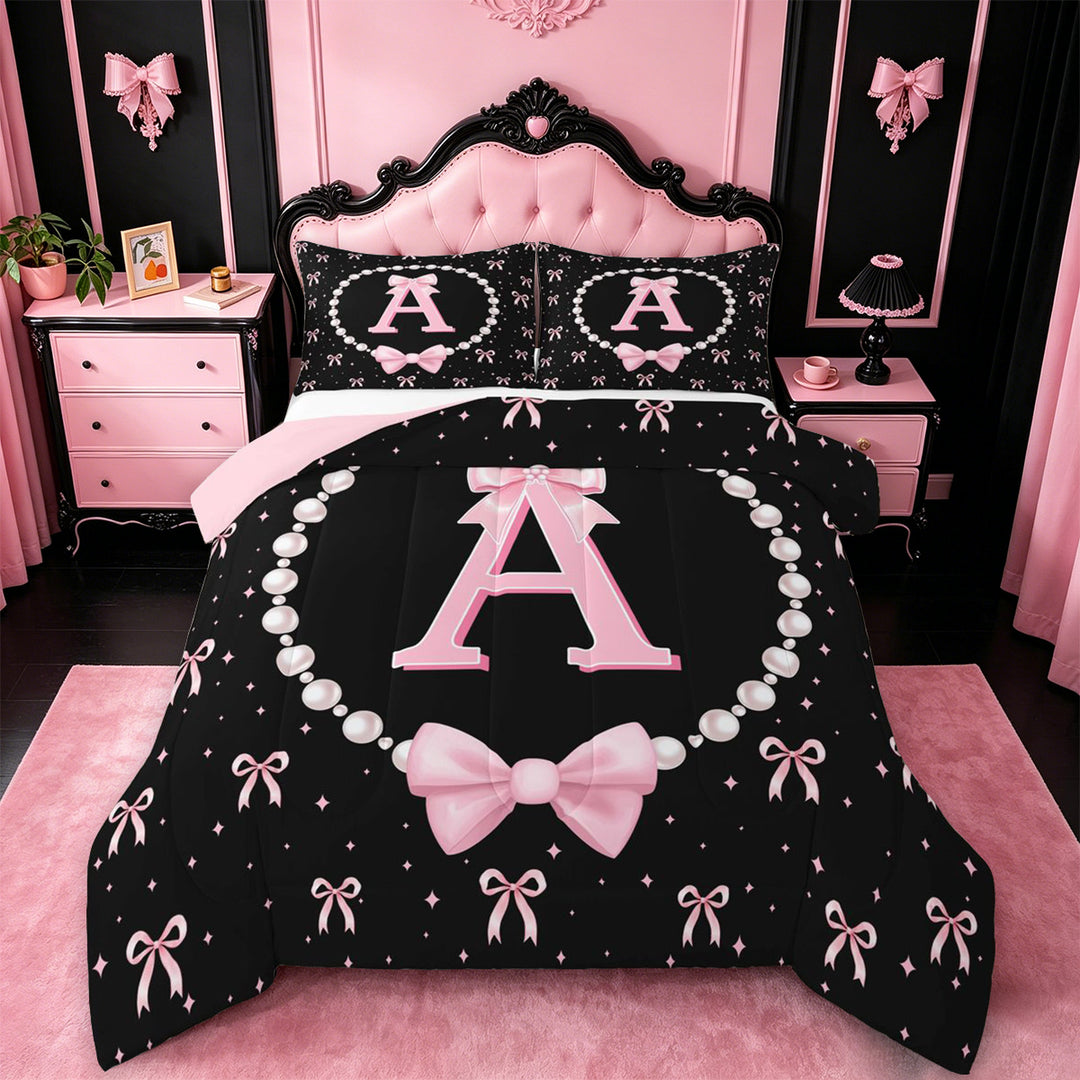 meiyoeat Bowknot Letter Print A Full Size Comforter Sets For Girls,Girly Pink Bow Bedding Comforter Set For Kids,Pink Reversible,3pcs