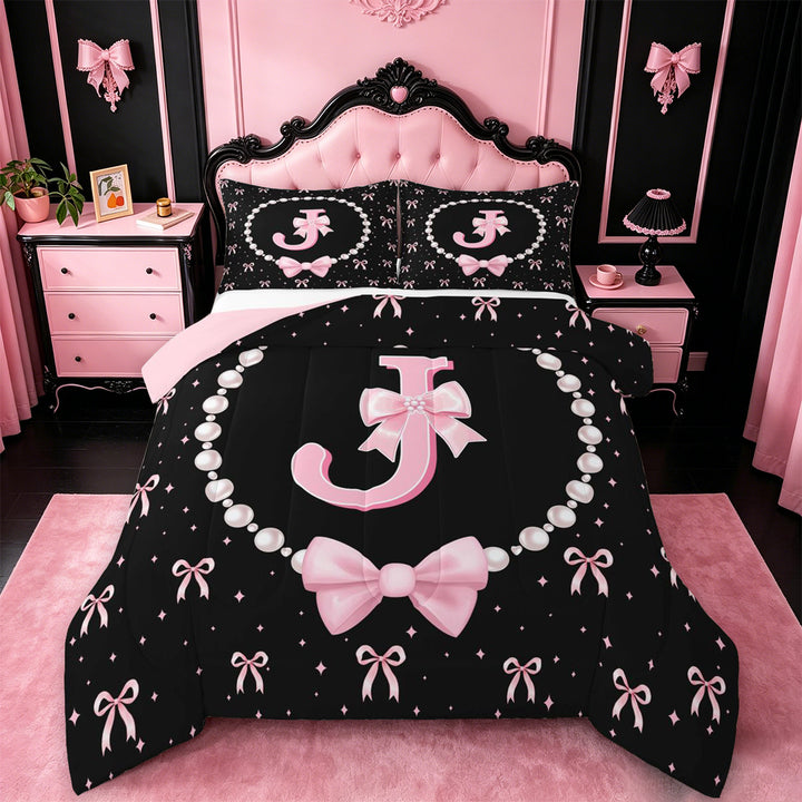 meiyoeat Pink Cute Bow Full Size Comforter Sets For Girls,Kawaii Bowknot Monogrammed J Bedding Comforter Set For Kids,Pink Reversible,3pcs