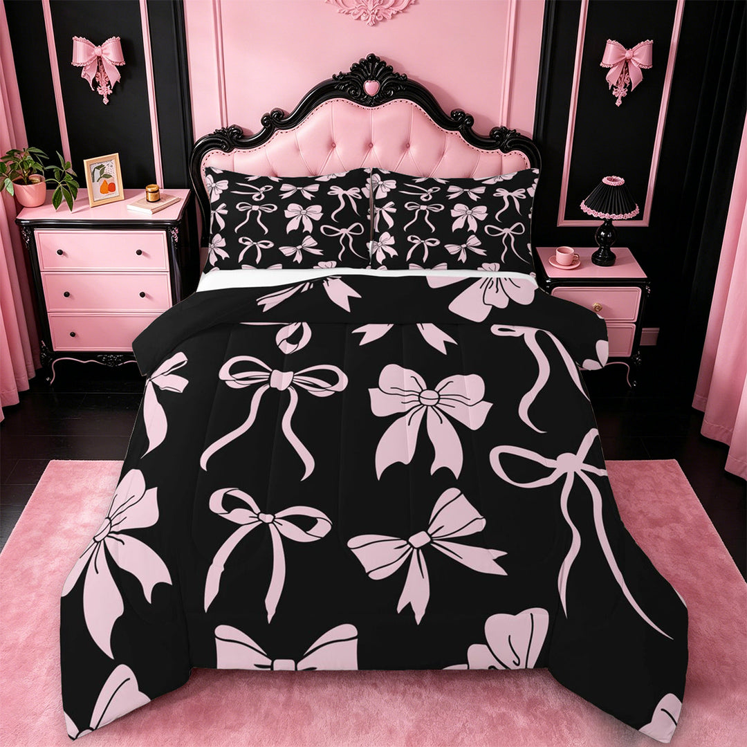 meiyoeat Pink Ribbon Bow Full Size Comforter Sets For Kids,Cute Minimalist Bow Bedding Comforter Set For Girls,Black Reversible,3pcs