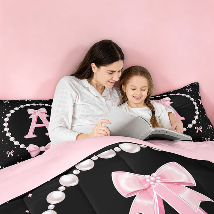meiyoeat Bowknot Letter Print A Full Size Comforter Sets For Girls,Girly Pink Bow Bedding Comforter Set For Kids,Pink Reversible,3pcs