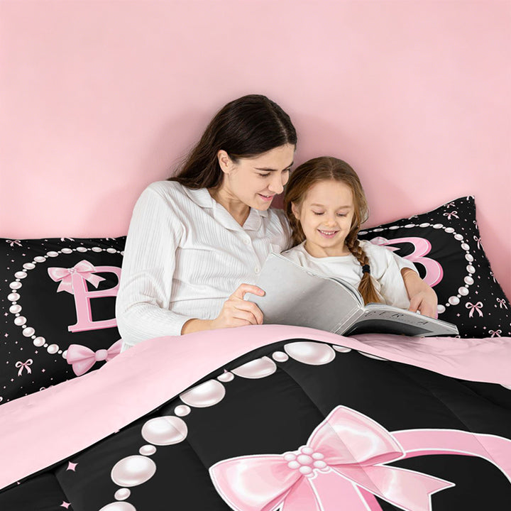 meiyoeat Bowknot Alphabet B 7 Pieces Full Size Bedding Sets For Girls,Kids Pink Coquette Bow Full Size Bed in a Bag,Pink Reversible