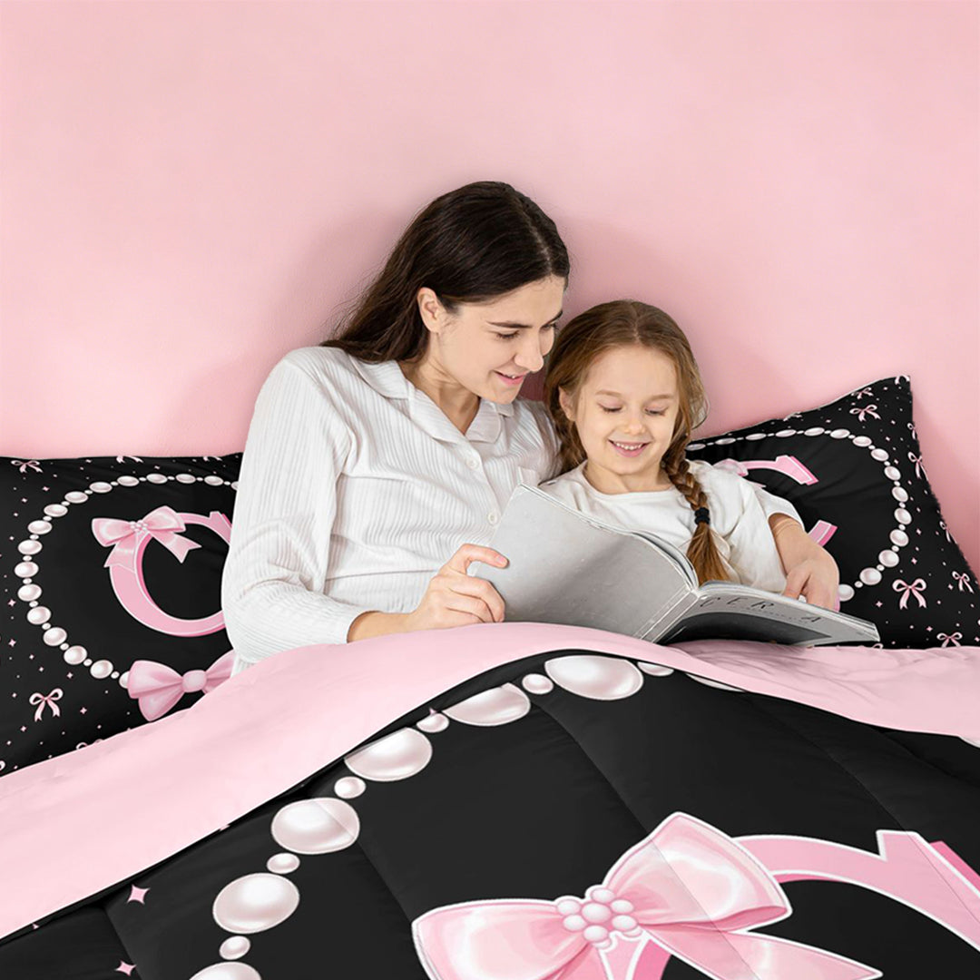 meiyoeat Pink Monogram Bowknot 7 Pieces Full Size Bedding Sets For Kids,Girls Ribbon Bow Letter C Full Size Bed in a Bag Bowtie Lovers,Pink Reversible