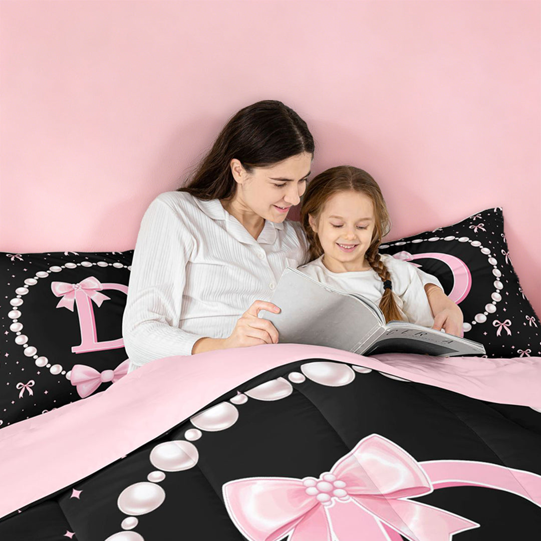 meiyoeat Women Pearl Necklace 7 Pieces Full Size Bedding Sets For Kids,Pink Ribbon Letter Print D Full Size Bed in a Bag,Pink Reversible