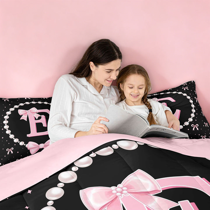 meiyoeat Girls Personalized Monogrammed Gifts 7 Pieces Full Size Bedding Sets For Bowtie Lovers,Kids Bowknot Alphabet E Print Full Size Bed in a Bag,Pink Reversible