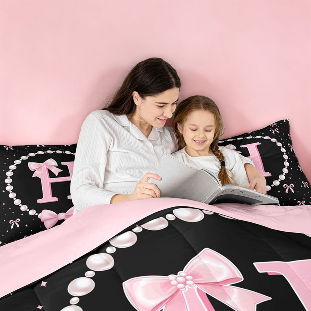 meiyoeat Chic Pearl Necklace Print 7 Pieces Full Size Bedding Sets For Kids,Pink Coquette Bowknot Initial Letter H Full Size Bed in a Bag,Pink Reversible