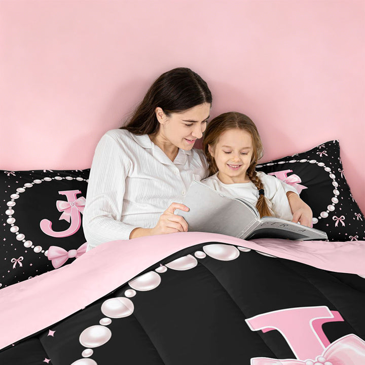 meiyoeat Pink Cute Bow 7 Pieces Full Size Bedding Sets For Girls,Kawaii Bowknot Monogrammed J Full Size Bed in a Bag For Kids,Pink Reversible