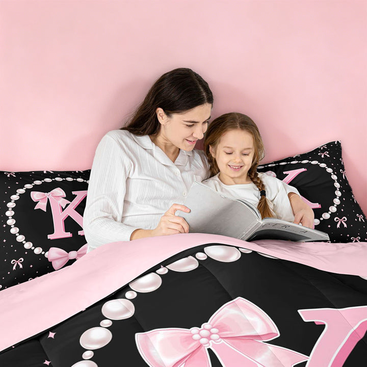 meiyoeat Cute Coquette Bow 7 Pieces Full Size Bedding Sets For Kids,Pink Ribbon Bowtie Initial Letter K Full Size Bed in a Bag,Pink Reversible
