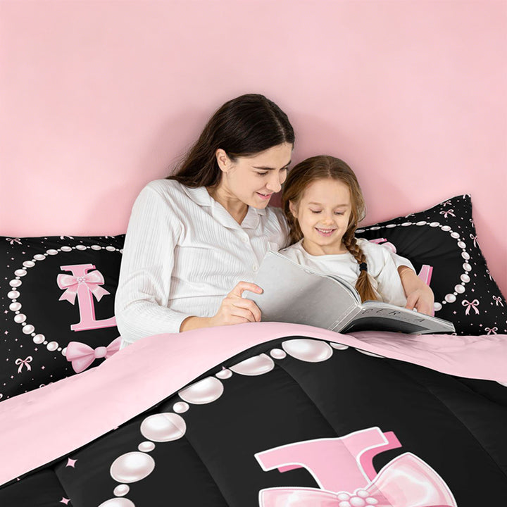 meiyoeat Kawaii Bowknot 7 Pieces Full Size Bedding Sets For Girls,Modern Personalized Initial L Full Size Bed in a Bag For Kids,Pink Reversible