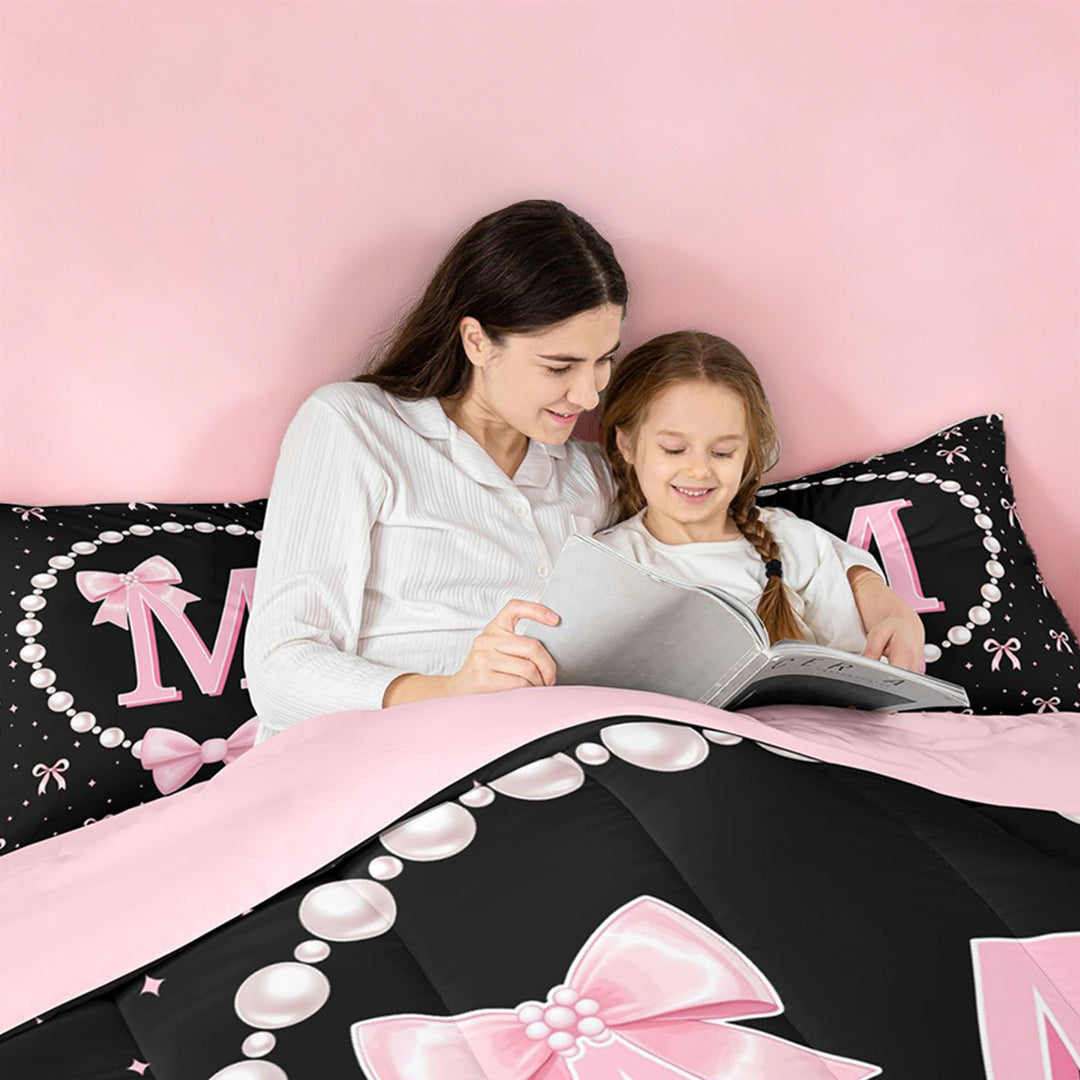 meiyoeat Lovely Bow Tie 7 Pieces Full Size Bedding Sets For Bow Girls,Pink Initial Letter M Full Size Bed in a Bag For Kids,Pink Reversible