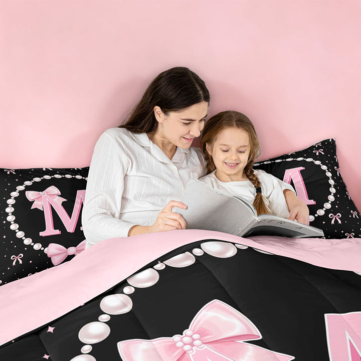 meiyoeat Lovely Bow Tie 7 Pieces Full Size Bedding Sets For Bow Girls,Pink Initial Letter M Full Size Bed in a Bag For Kids,Pink Reversible