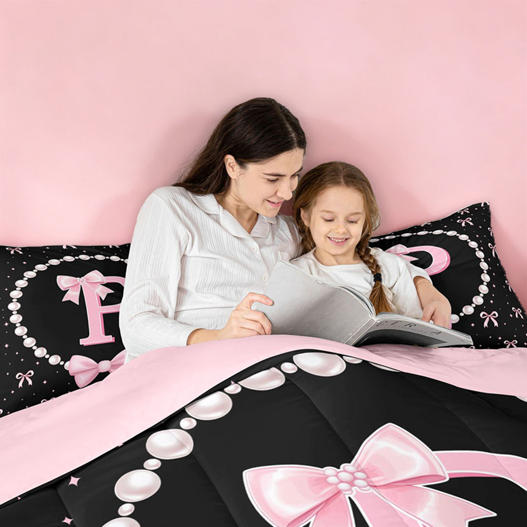 meiyoeat Pink Ribbon Bowknot 7 Pieces Full Size Bedding Sets For Girls,Lovely Bowtie Alphabet Print P Full Size Bed in a Bag For Kids,Pink Reversible