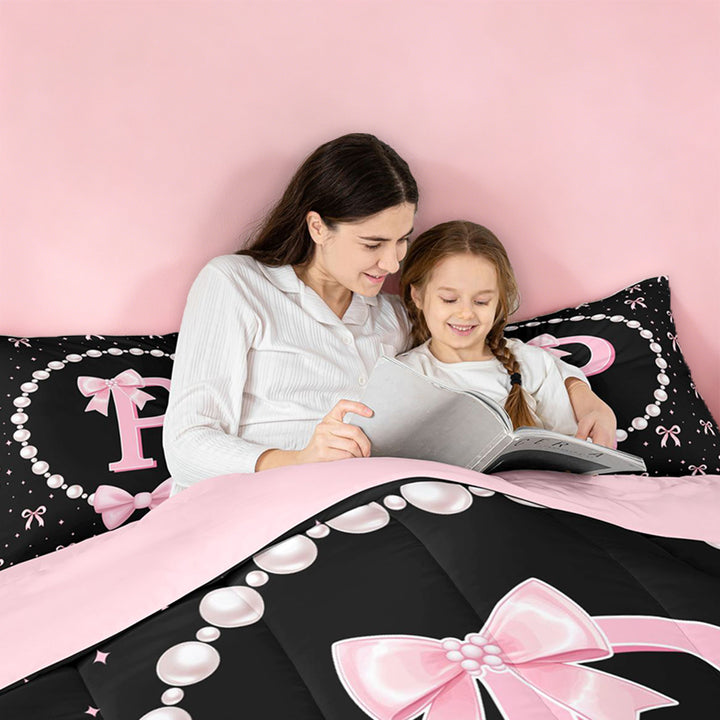 meiyoeat Pink Ribbon Bowknot 7 Pieces Full Size Bedding Sets For Girls,Lovely Bowtie Alphabet Print P Full Size Bed in a Bag For Kids,Pink Reversible