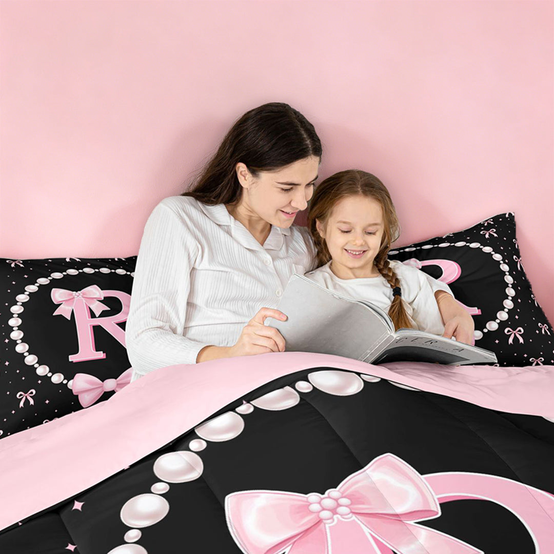 meiyoeat Fashion Women Pearl Necklace 7 Pieces Full Size Bedding Sets,Girly Bow Monogrammed R Full Size Bed in a Bag For Kids,Pink Reversible
