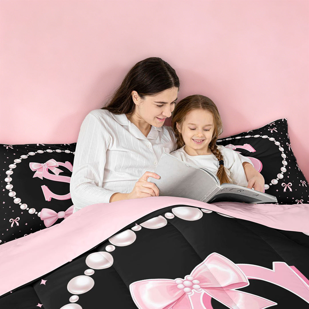 meiyoeat Pink Coquette Bowtie 7 Pieces Full Size Bedding Sets For Girls,Kids Personalized Letter S Print Full Size Bed in a Bag,Pink Reversible