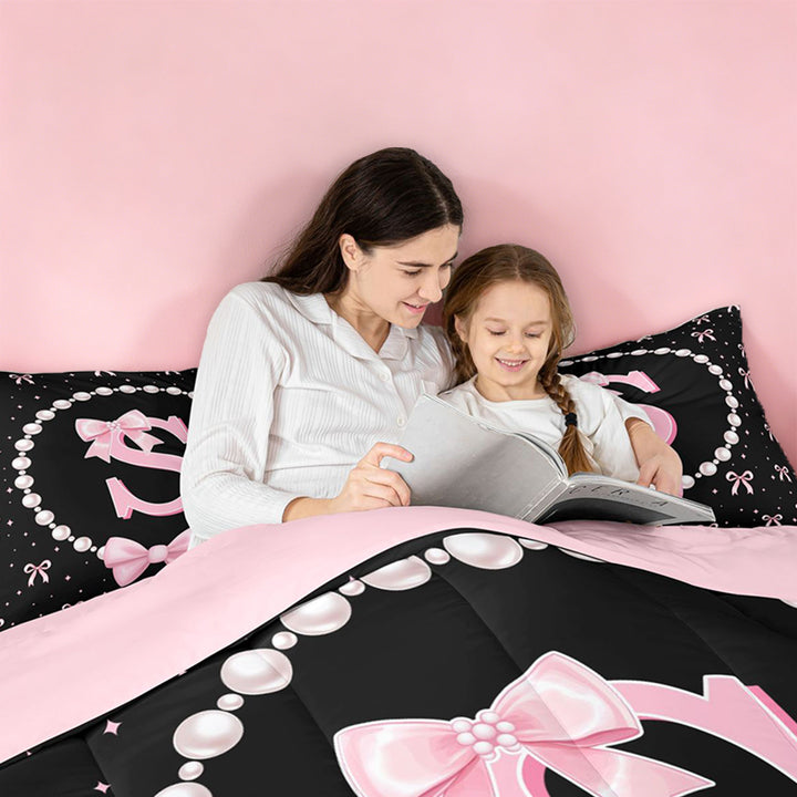 meiyoeat Pink Coquette Bowtie 7 Pieces Full Size Bedding Sets For Girls,Kids Personalized Letter S Print Full Size Bed in a Bag,Pink Reversible