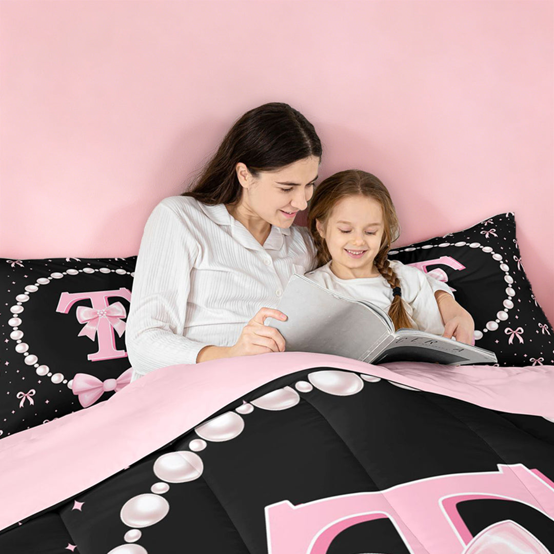 meiyoeat Ribbon Bow Letter Print 7 Pieces Full Size Bedding Sets For Girls,Pink Bowtie Monogram T Full Size Bed in a Bag For Kids,Pink Reversible