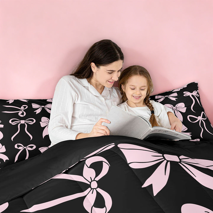 meiyoeat Pink Ribbon Bow Full Size Comforter Sets For Kids,Cute Minimalist Bow Bedding Comforter Set For Girls,Black Reversible,3pcs