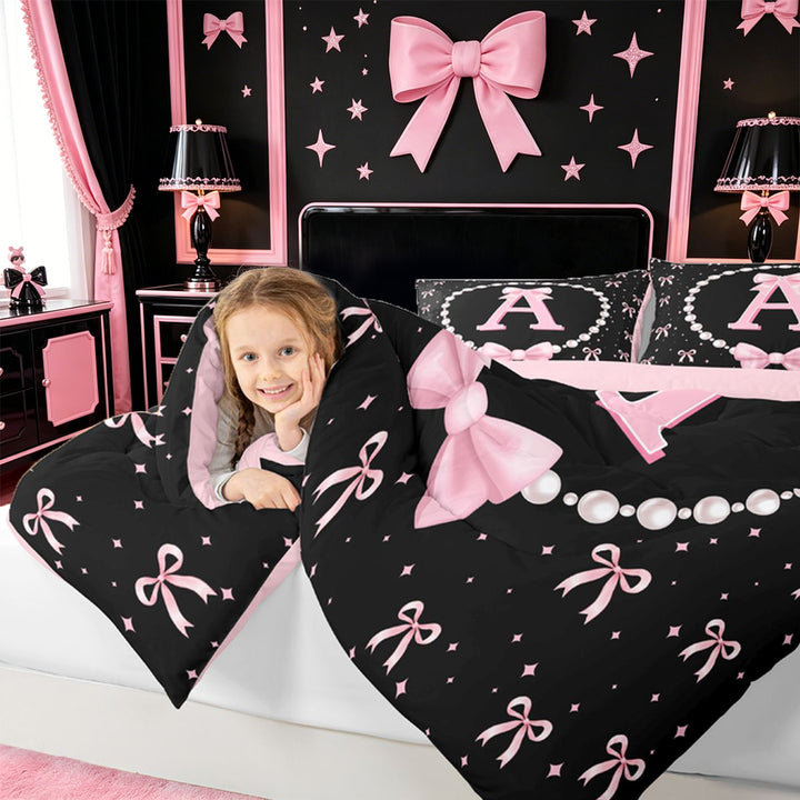 meiyoeat Bowknot Letter Print A Full Size Comforter Sets For Girls,Girly Pink Bow Bedding Comforter Set For Kids,Pink Reversible,3pcs