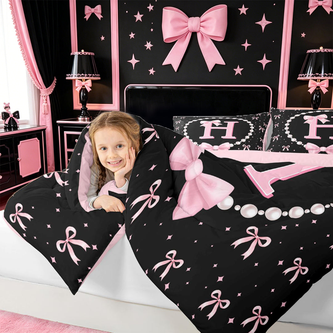 meiyoeat Chic Pearl Necklace Print 7 Pieces Full Size Bedding Sets For Kids,Pink Coquette Bowknot Initial Letter H Full Size Bed in a Bag,Pink Reversible