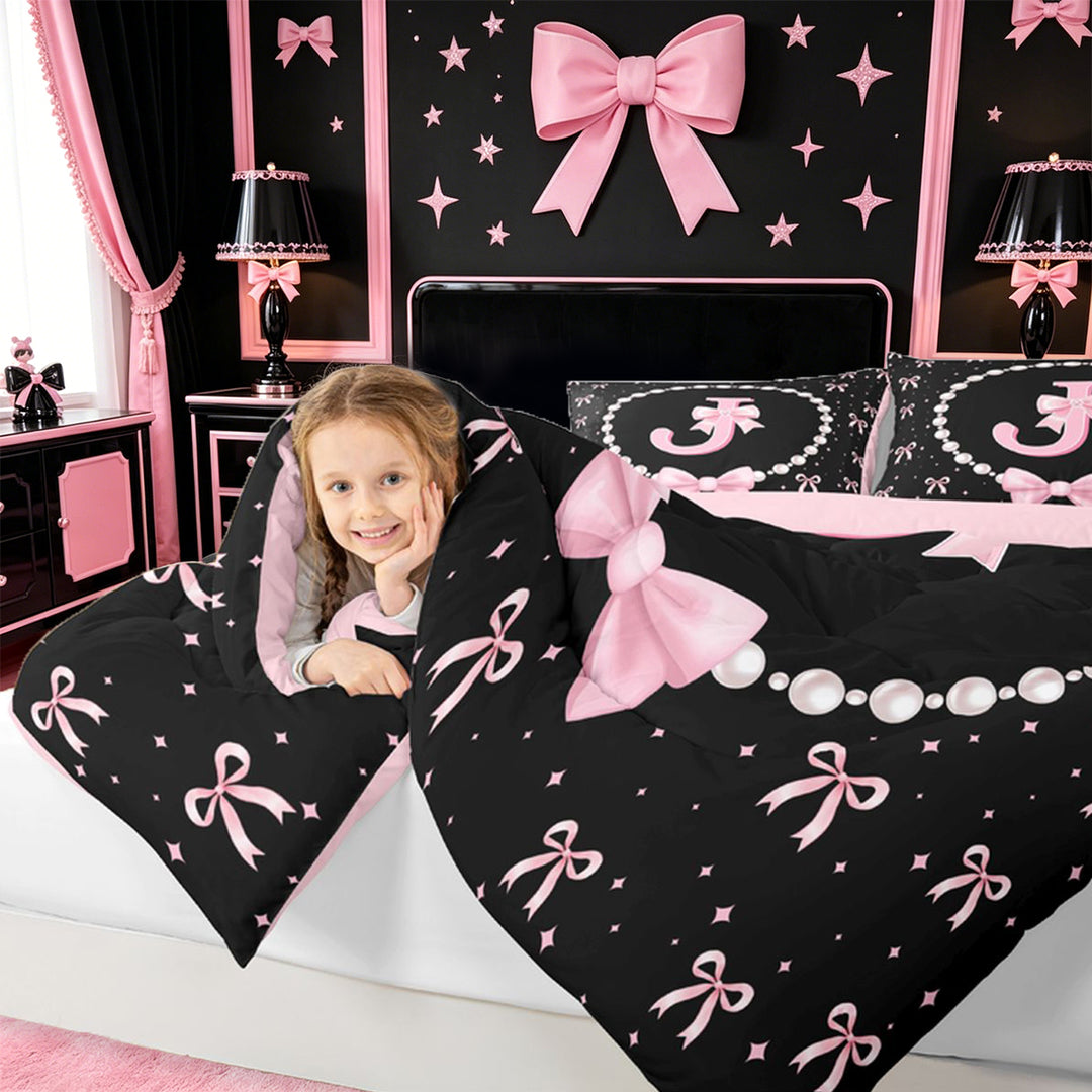 meiyoeat Pink Cute Bow Full Size Comforter Sets For Girls,Kawaii Bowknot Monogrammed J Bedding Comforter Set For Kids,Pink Reversible,3pcs