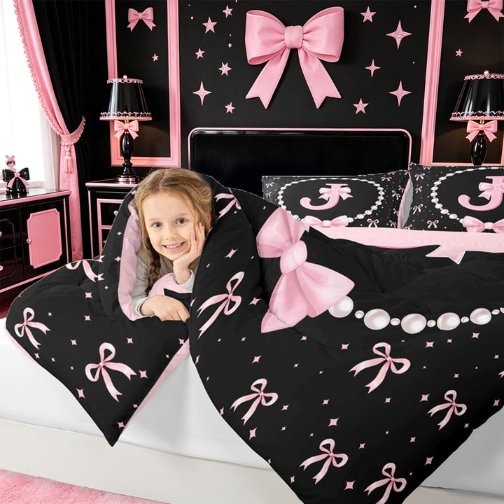 meiyoeat Pink Cute Bow Full Size Comforter Sets For Girls,Kawaii Bowknot Monogrammed J Bedding Comforter Set For Kids,Pink Reversible,3pcs