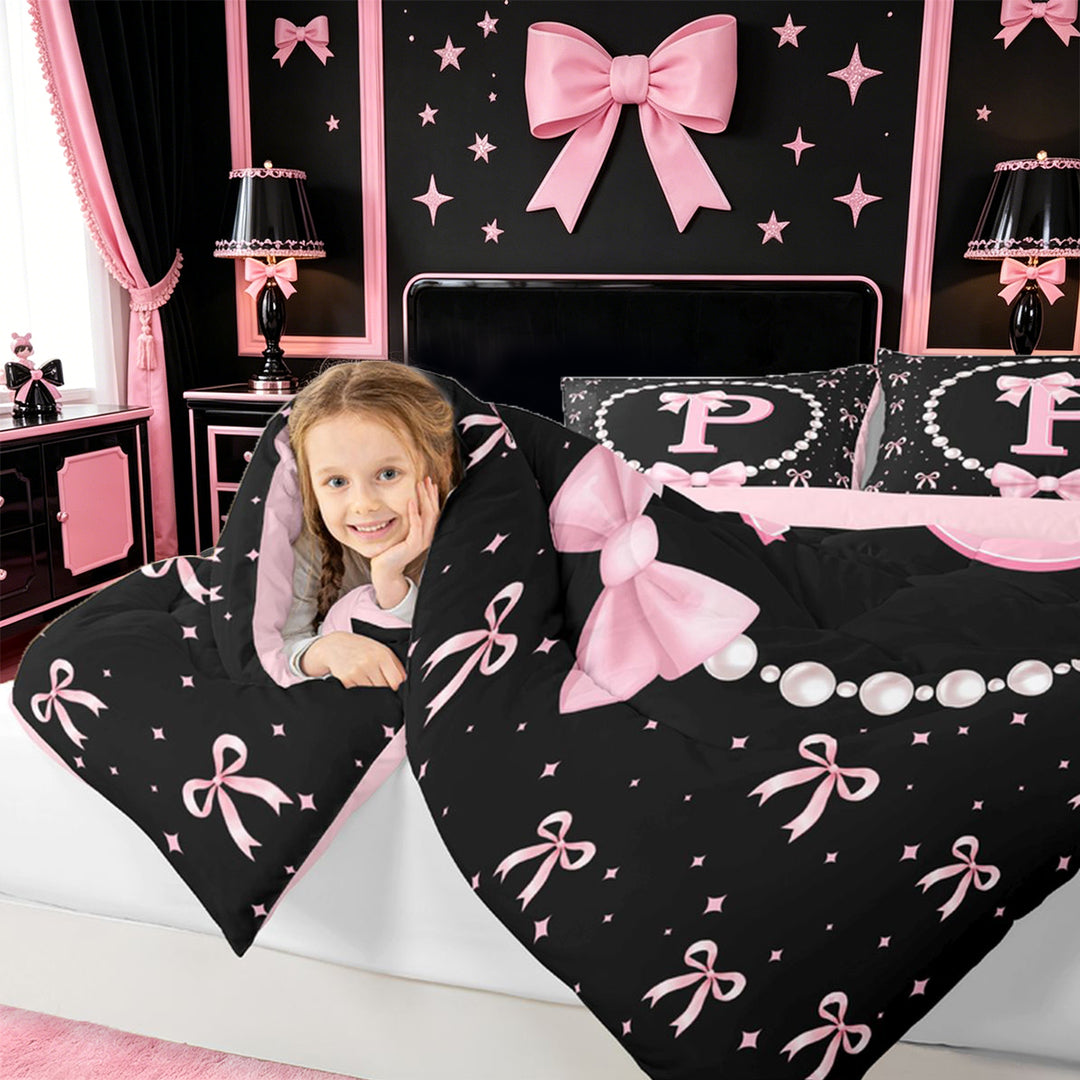 meiyoeat Pink Ribbon Bowknot 7 Pieces Full Size Bedding Sets For Girls,Lovely Bowtie Alphabet Print P Full Size Bed in a Bag For Kids,Pink Reversible
