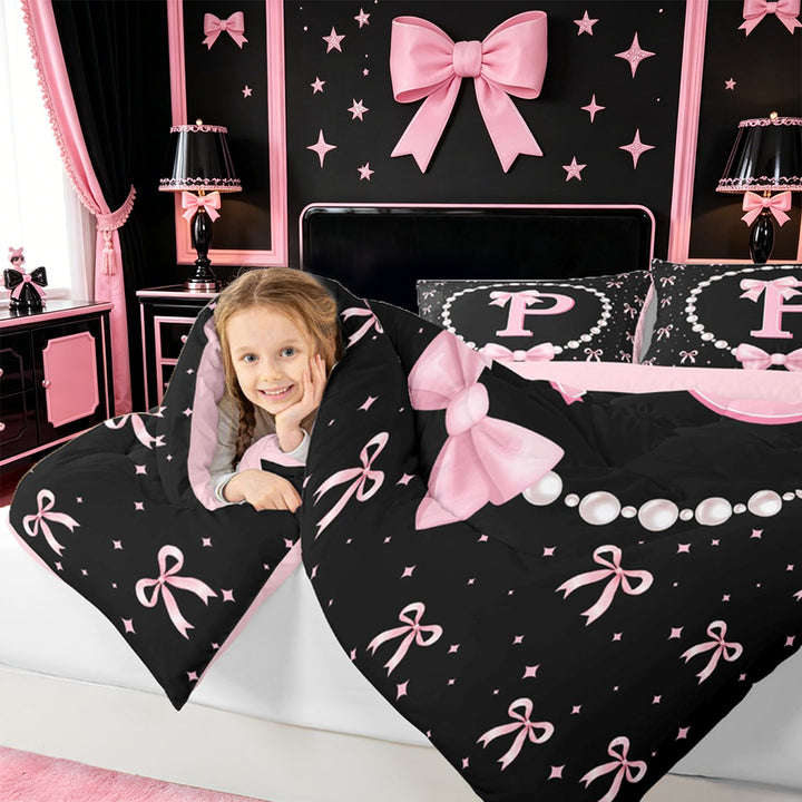 meiyoeat Pink Ribbon Bowknot 7 Pieces Full Size Bedding Sets For Girls,Lovely Bowtie Alphabet Print P Full Size Bed in a Bag For Kids,Pink Reversible
