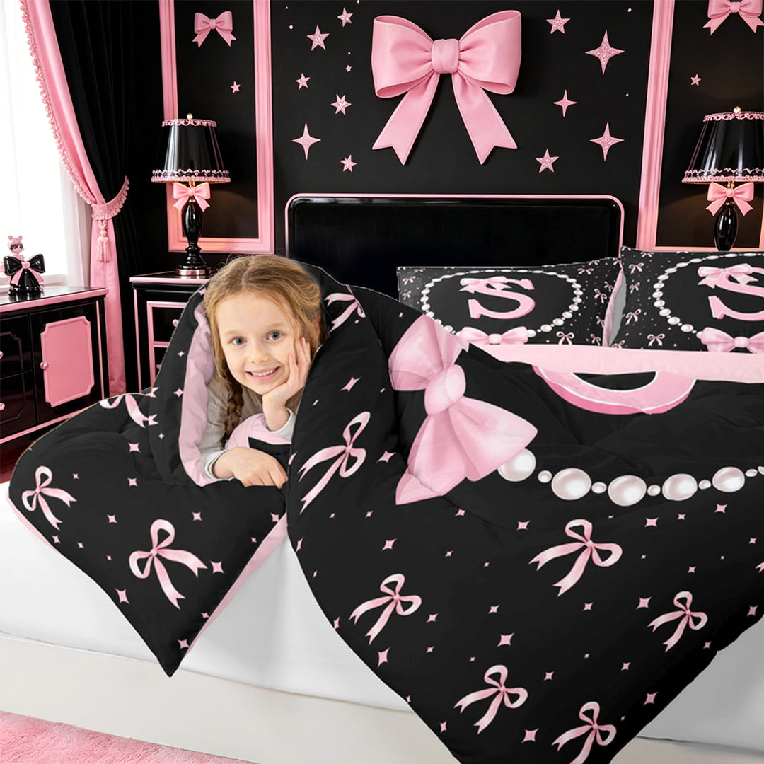 meiyoeat Pink Coquette Bowtie 7 Pieces Full Size Bedding Sets For Girls,Kids Personalized Letter S Print Full Size Bed in a Bag,Pink Reversible
