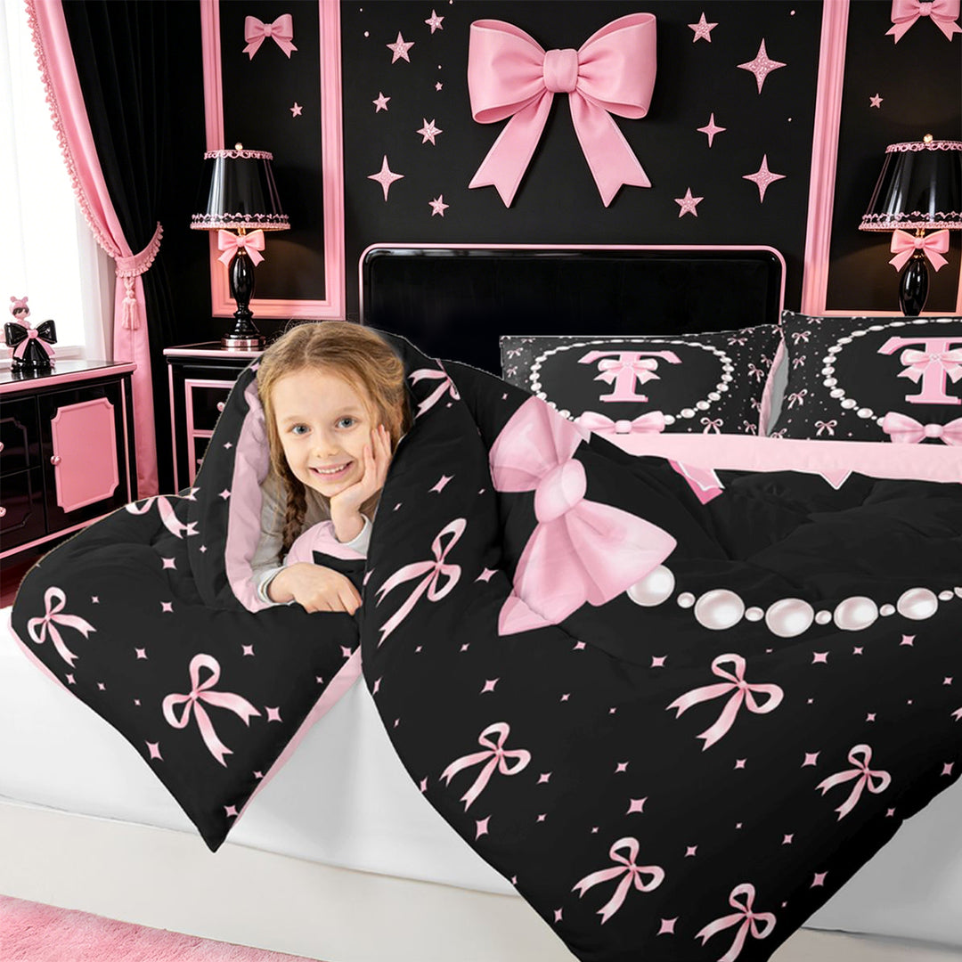 meiyoeat Ribbon Bow Letter Print 7 Pieces Full Size Bedding Sets For Girls,Pink Bowtie Monogram T Full Size Bed in a Bag For Kids,Pink Reversible