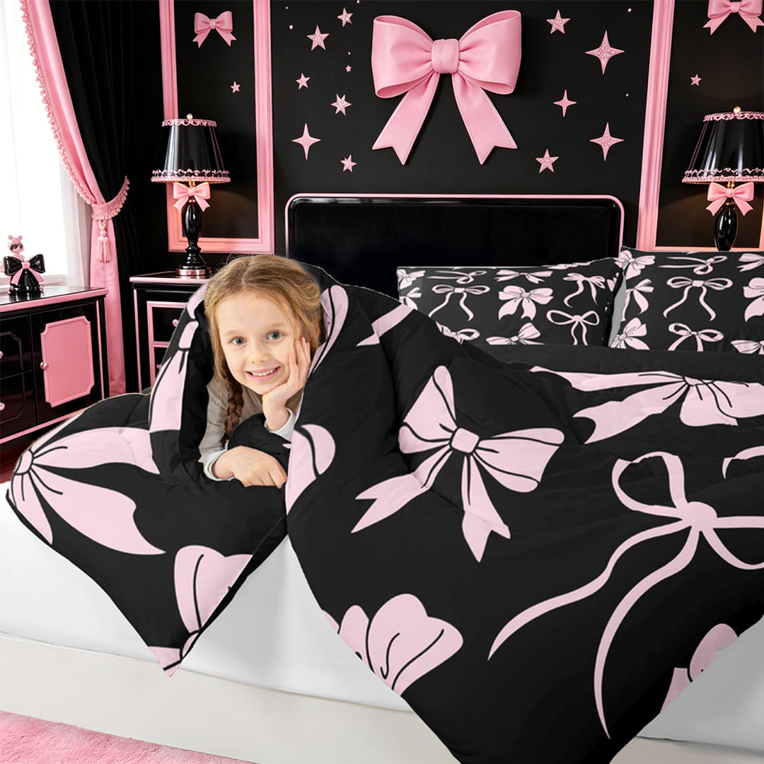 meiyoeat Pink Ribbon Bow Full Size Comforter Sets For Kids,Cute Minimalist Bow Bedding Comforter Set For Girls,Black Reversible,3pcs