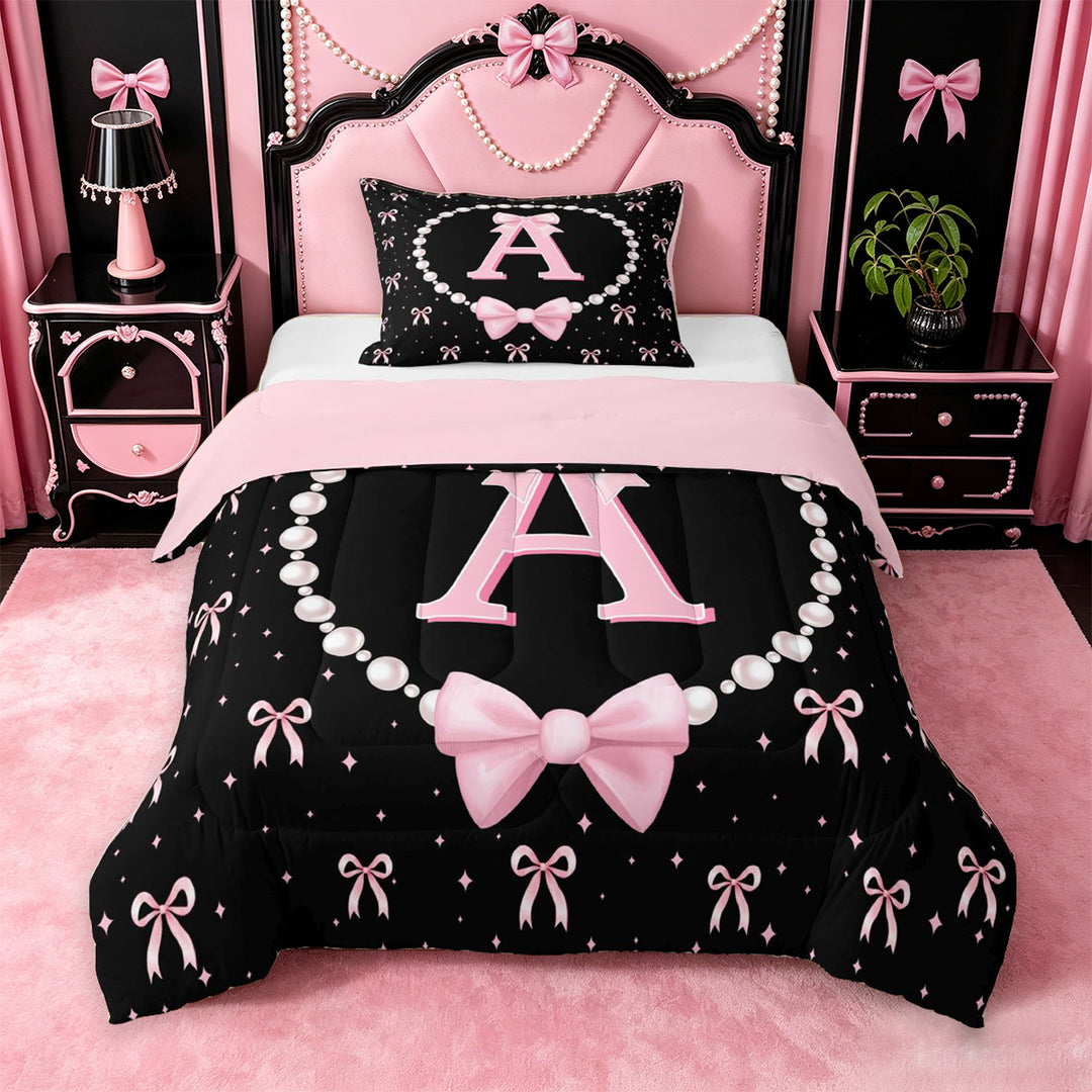 meiyoeat Bowknot Letter Print A Full Size Comforter Sets For Girls,Girly Pink Bow Bedding Comforter Set For Kids,Pink Reversible,3pcs