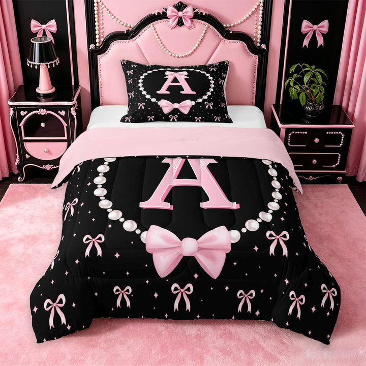 meiyoeat Bowknot Letter Print A Full Size Comforter Sets For Girls,Girly Pink Bow Bedding Comforter Set For Kids,Pink Reversible,3pcs