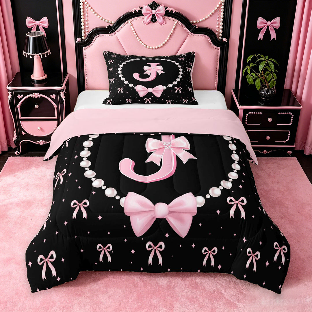 meiyoeat Pink Cute Bow Full Size Comforter Sets For Girls,Kawaii Bowknot Monogrammed J Bedding Comforter Set For Kids,Pink Reversible,3pcs
