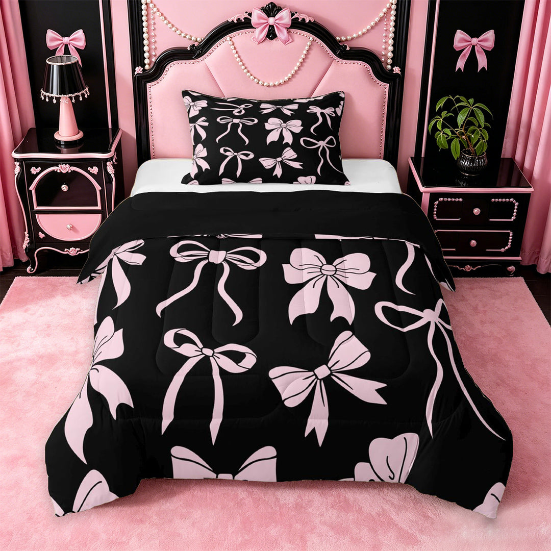 meiyoeat Pink Ribbon Bow Full Size Comforter Sets For Kids,Cute Minimalist Bow Bedding Comforter Set For Girls,Black Reversible,3pcs