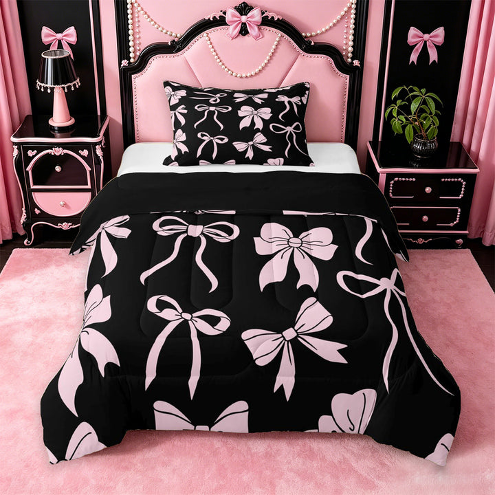 meiyoeat Pink Ribbon Bow Full Size Comforter Sets For Kids,Cute Minimalist Bow Bedding Comforter Set For Girls,Black Reversible,3pcs