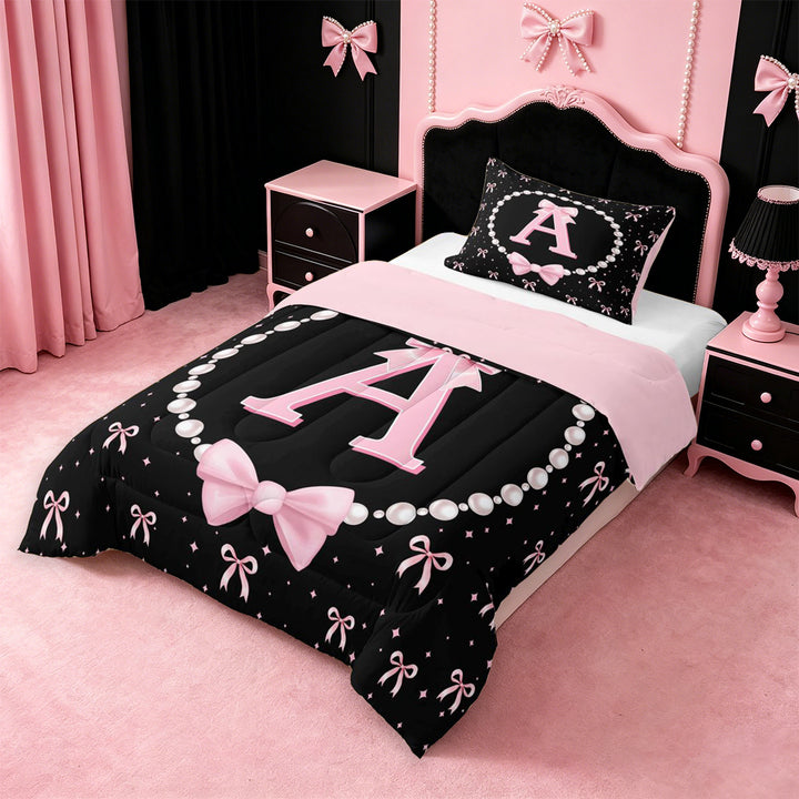meiyoeat Bowknot Letter Print A Full Size Comforter Sets For Girls,Girly Pink Bow Bedding Comforter Set For Kids,Pink Reversible,3pcs