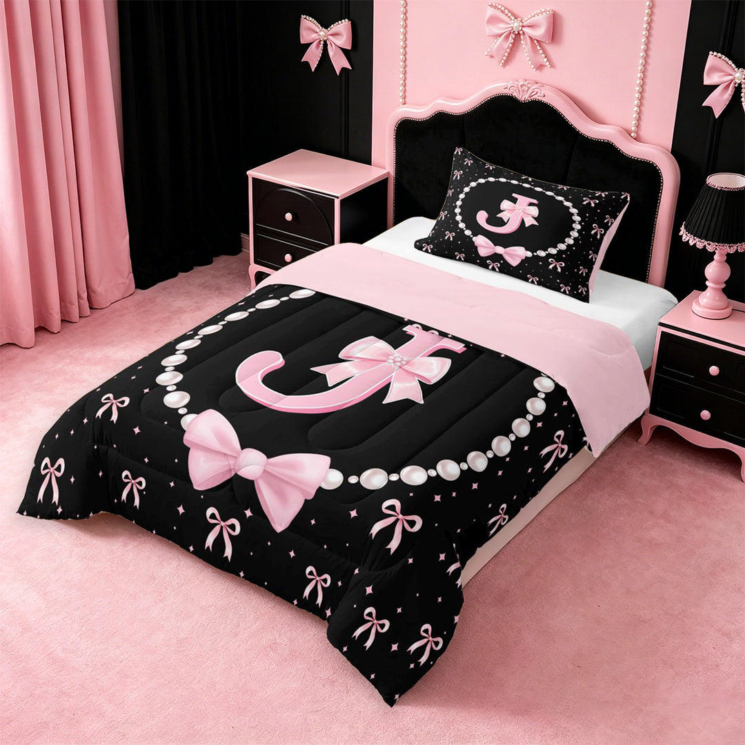 meiyoeat Pink Cute Bow Full Size Comforter Sets For Girls,Kawaii Bowknot Monogrammed J Bedding Comforter Set For Kids,Pink Reversible,3pcs