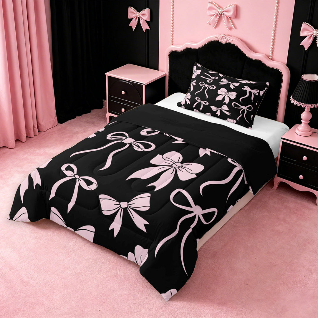 meiyoeat Pink Ribbon Bow Full Size Comforter Sets For Kids,Cute Minimalist Bow Bedding Comforter Set For Girls,Black Reversible,3pcs