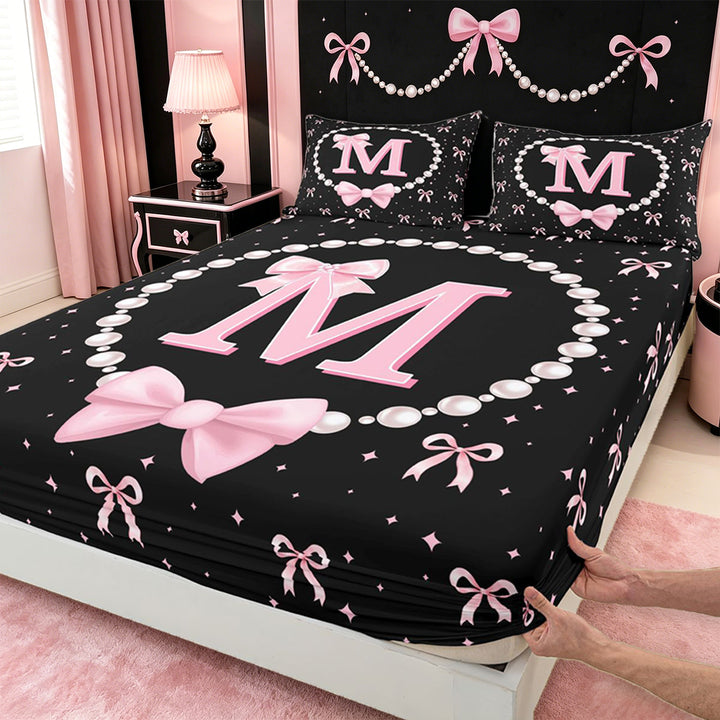 meiyoeat Lovely Bow Tie Bed Sheets For Bow Girls,Pink Initial Letter M Full Size Sheets For Kids,4pcs