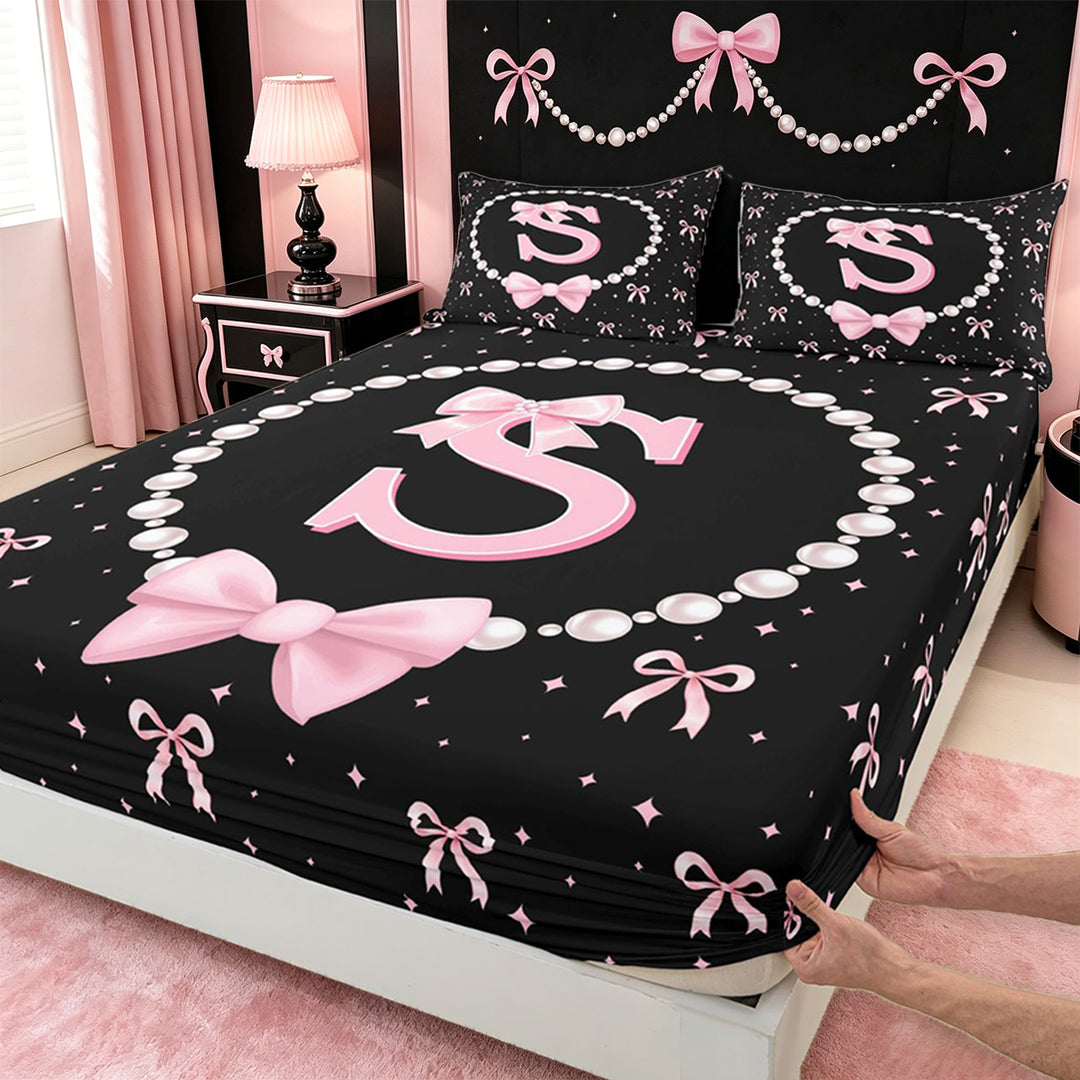 meiyoeat Pink Coquette Bowtie Bed Sheets For Girls,Kids Personalized Letter S Print Full Size Sheets,4pcs