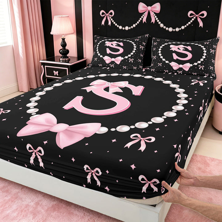 meiyoeat Pink Coquette Bowtie Bed Sheets For Girls,Kids Personalized Letter S Print Full Size Sheets,4pcs